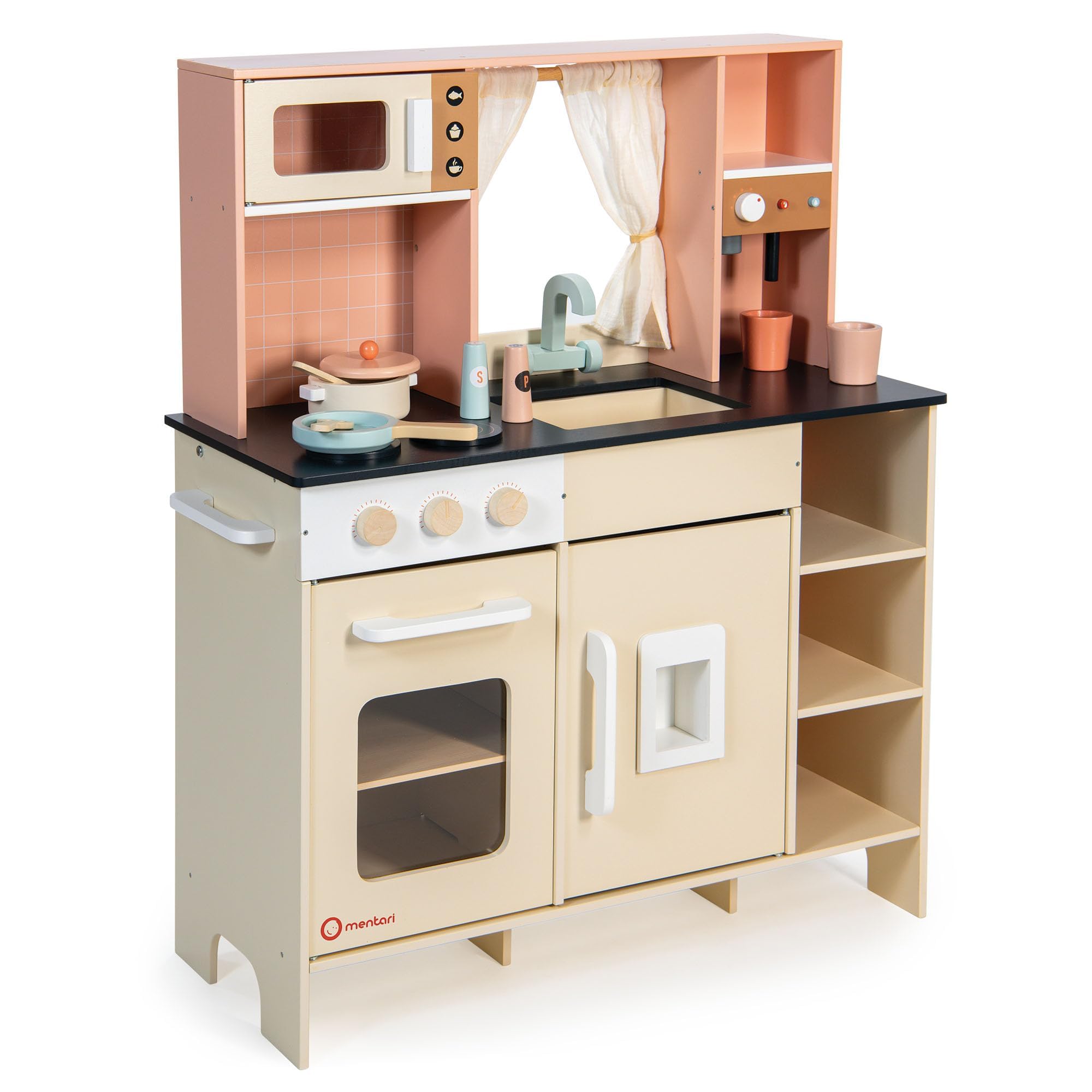 Mentari Toys Cream Play Kitchen drewniany zestaw kuchenny z ekspresem do espresso, dozownik lodu i kuchenka mikrofalowa, dla dzieci, pobudza wyobraźnię i umiejętności motoryczne