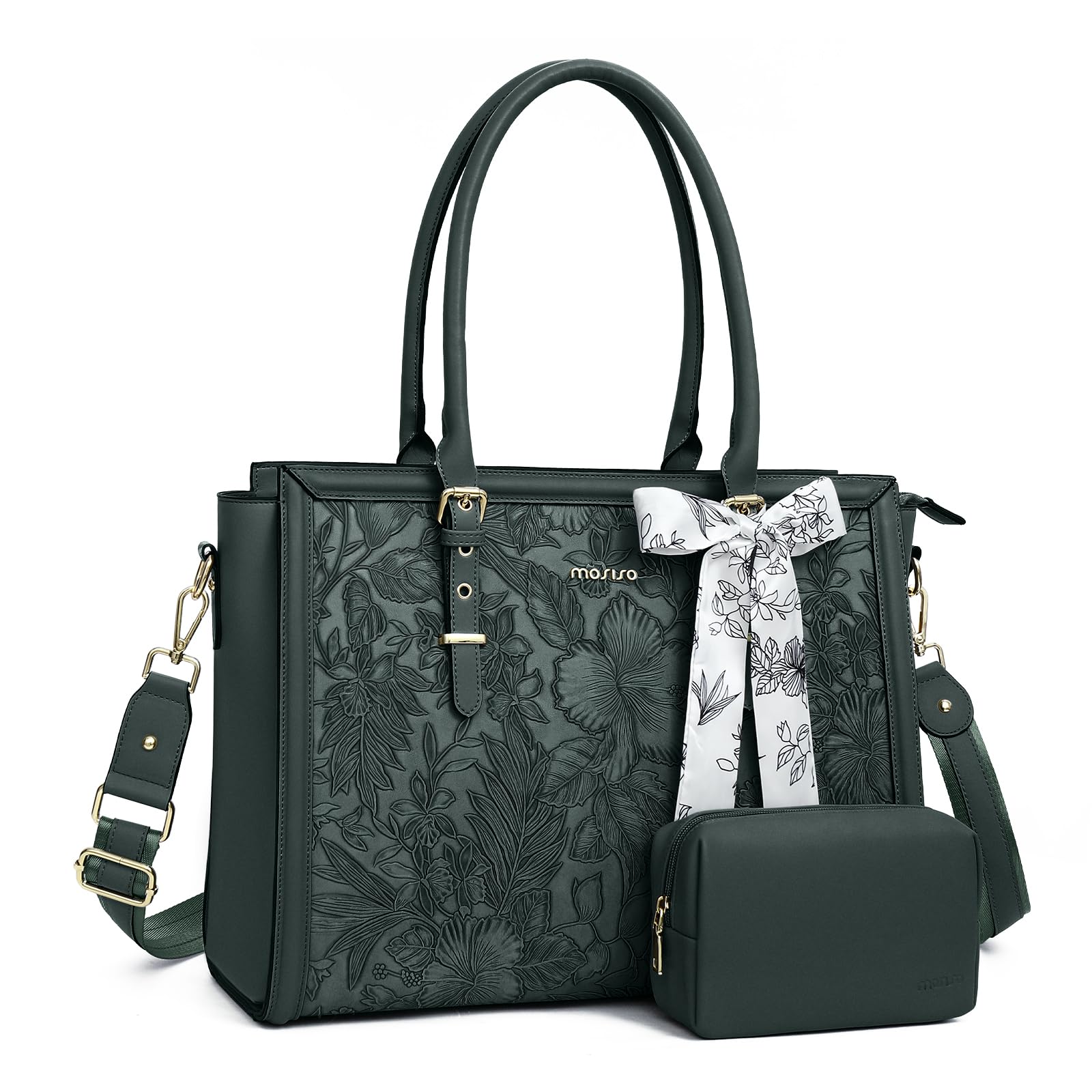 MOSISO Laptop Bag for Women, PU Leather Tote Bag, Front Embossed Retro Hibiscus Computer Bags with Silk Scarf&Clutch Purse