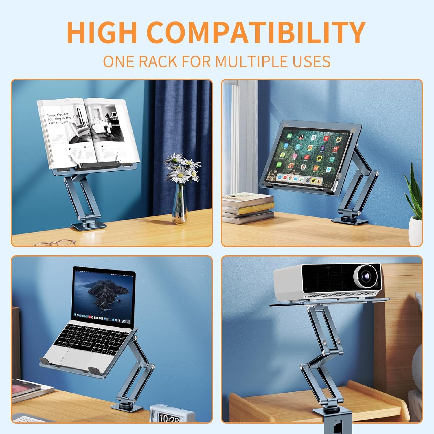 Tablet Stand for Desk, Aluminum Alloy Tablet Holder for iPad, 360 Degree Rotatable Overhead Arm Mount for Bed, Book Stand for Reading, Compatible with 7-15.6 Inches Tablets (Grayish Green)