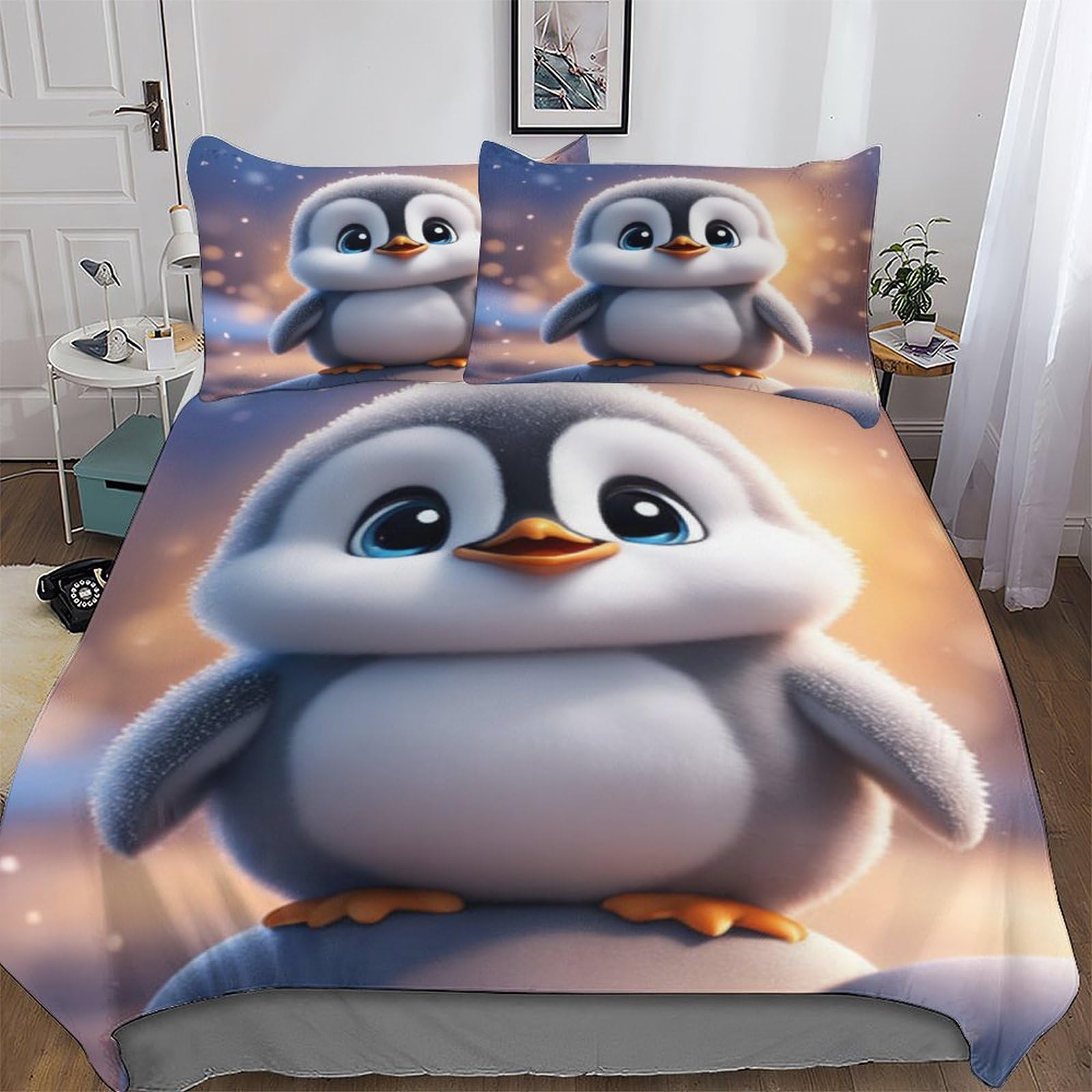 LLXXHH Penguin Bedding Quilt Cover 2 Pieces Sets Soft Duvet Cover Comfortable Duvet Cover with Pillowcases For Boys Girls Single(135x200cm)