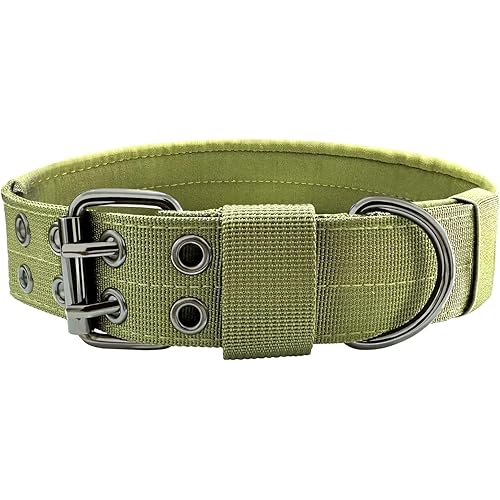 Heavy Duty Dog Collar for Large Dogs, Tactical Dog Collars with Metal Buckle & D Ring, 1.5" Width Thick Adjustable Nylon Collar for Medium Dogs, Army Green/M