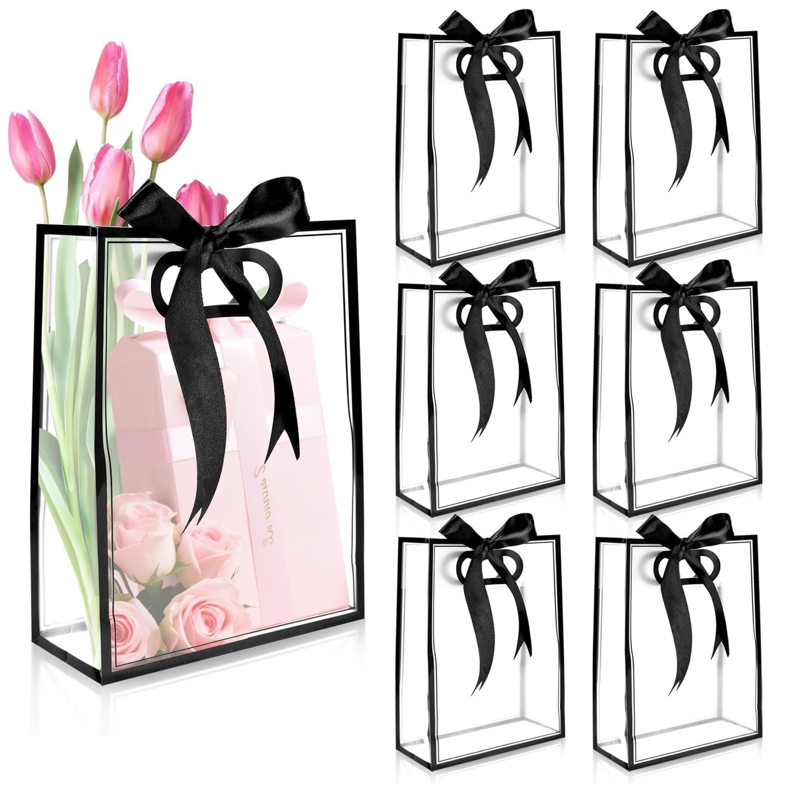 BadenBach 20 PCS Clear Gift Bags with Handles,7"x10"x3.2", Reusable Clear Party Favor Bags with Ribbon,Transparent Plastic Gift Bags for Bridal Party Baby Shower Wedding Mother's Day,Black