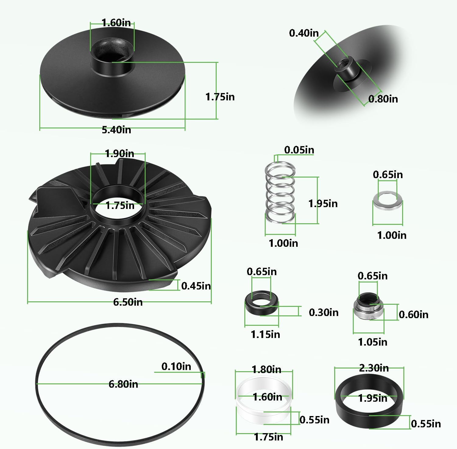 Detailed dimensions of various components in the repair kit