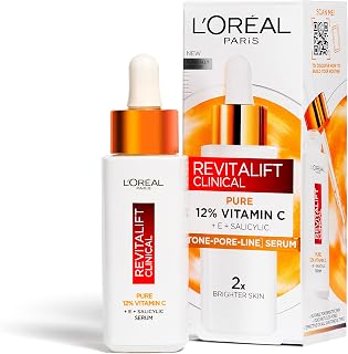 L'Oréal Paris Revitalift Clinical 12% Pure Vitamin C Brightening Serum for Face, Powerful Antioxidant Protection, Brighter & Smoother Skin, includes Hyaluronic Acid, Salicylic Acid, Vitamin C