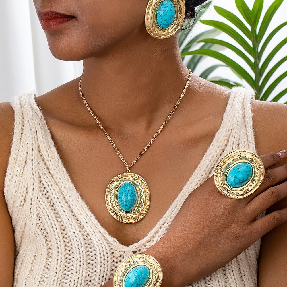 Boho Vintage Oval Faux Turquoise Pendant Necklace with Snake Chain - Teal Blue Statement Jewelry for Women, Bohemian Gift,Adjustable Boho Style Necklace for Women's Daily Wear - Image 3