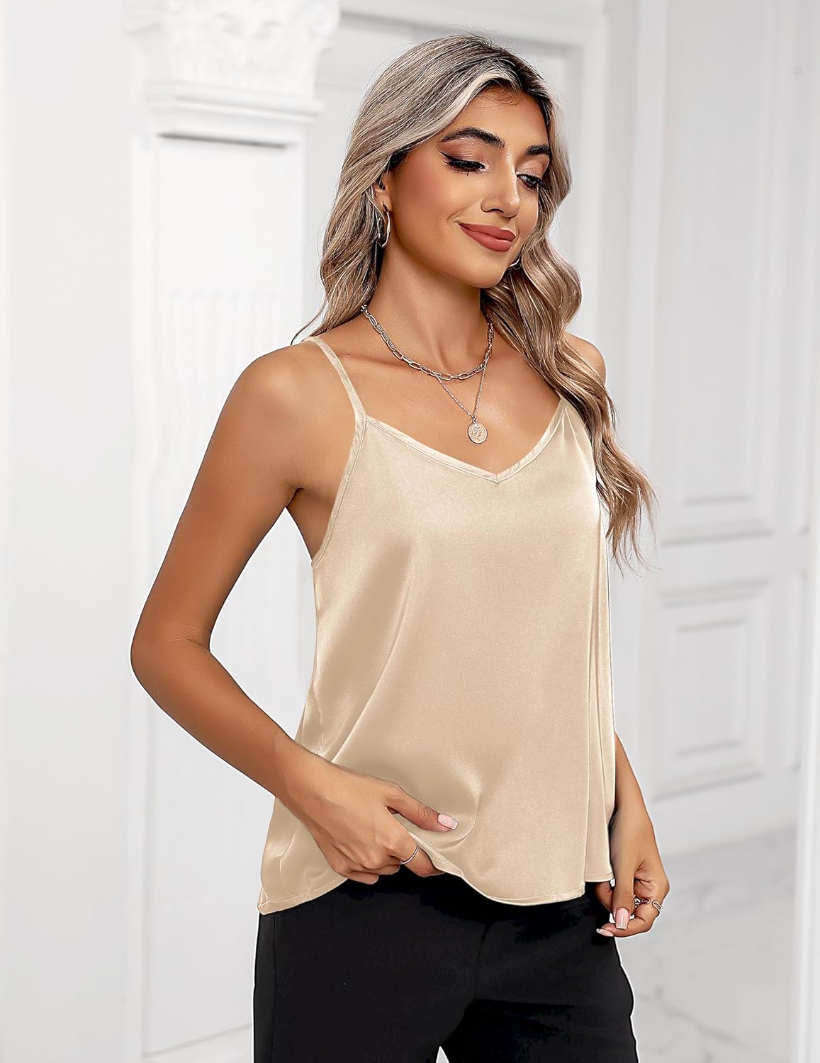 Zeagoo Women's Silk Satin Tank Tops 2026 V Neck Adjustable Spaghetti Strap Sleeveless Camisole Summer Basic Blouse - Image 3