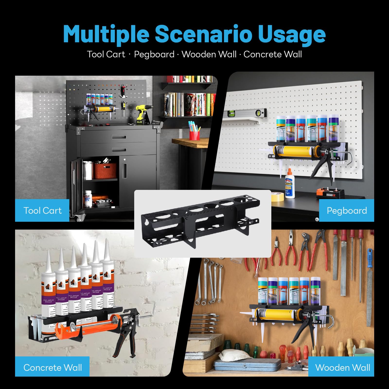 Supporto per siringa in silicone Porta Bombolette a Parete Multifunzionale con Alloggiamento Pistola Colla - Organizzatore per Spray, Adesivi- Ideale per Garage, Officina, Negozio - Nero