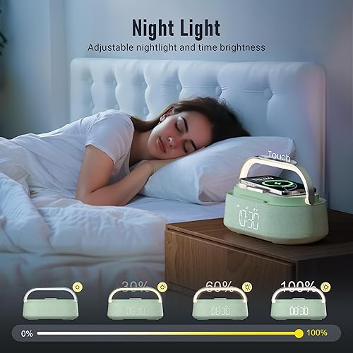 Miniatura 5 de FREEFISH Altavoz Bluetooth con Cargador Inalámbrico Rápido, Radio FM, Luz Nocturna LED Táctil, Soporte para Teléfono, Función Repetir, Altavoz