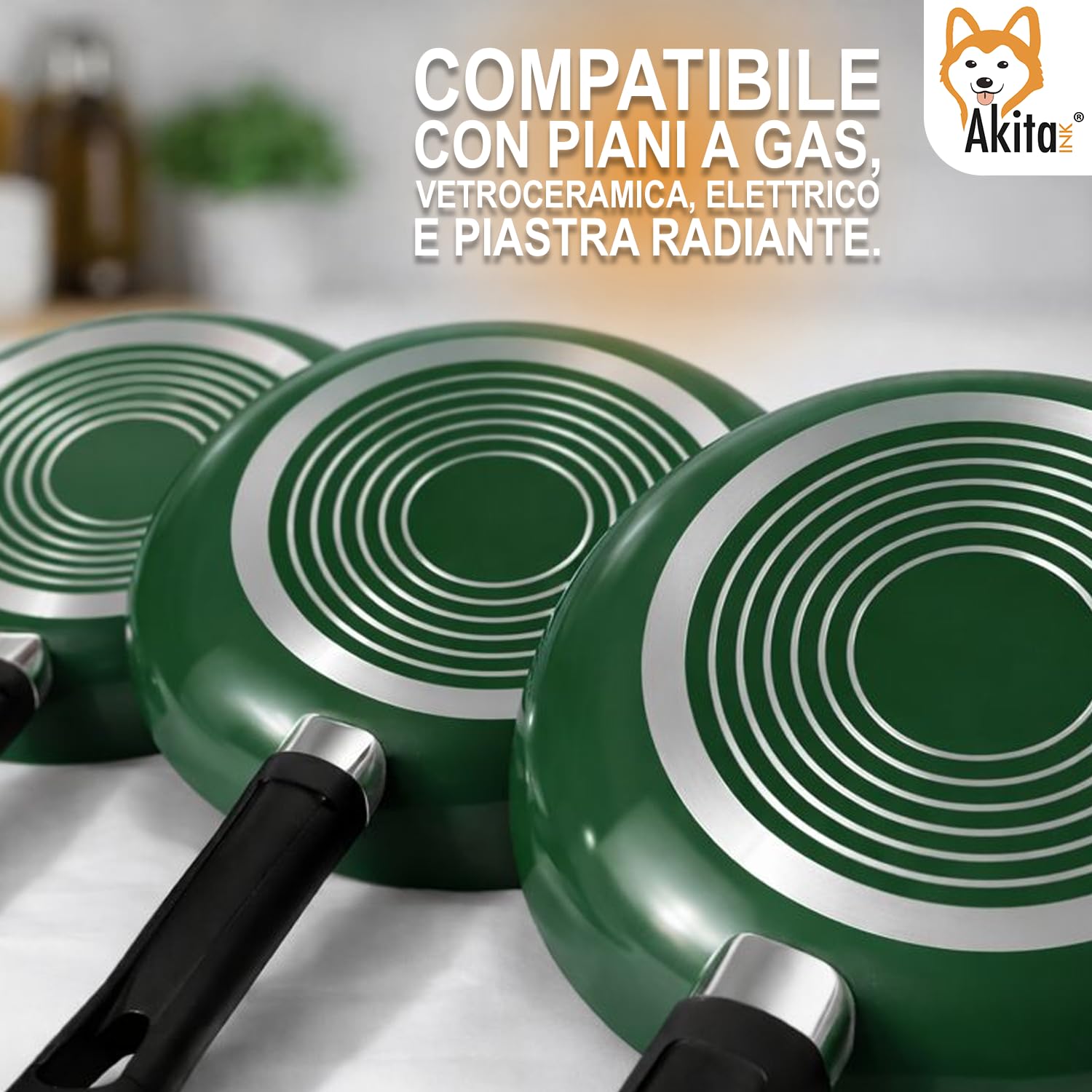AKITAInk Set 3 Padelle Antiaderenti Natura 20–24–28 cm Verde – Padelle in Alluminio con Rivestimento Antiaderente, Cottura Uniforme e Facile Pulizia, PFOA FREE, Nickel Cadmium, Senza Nichel, Cadmio