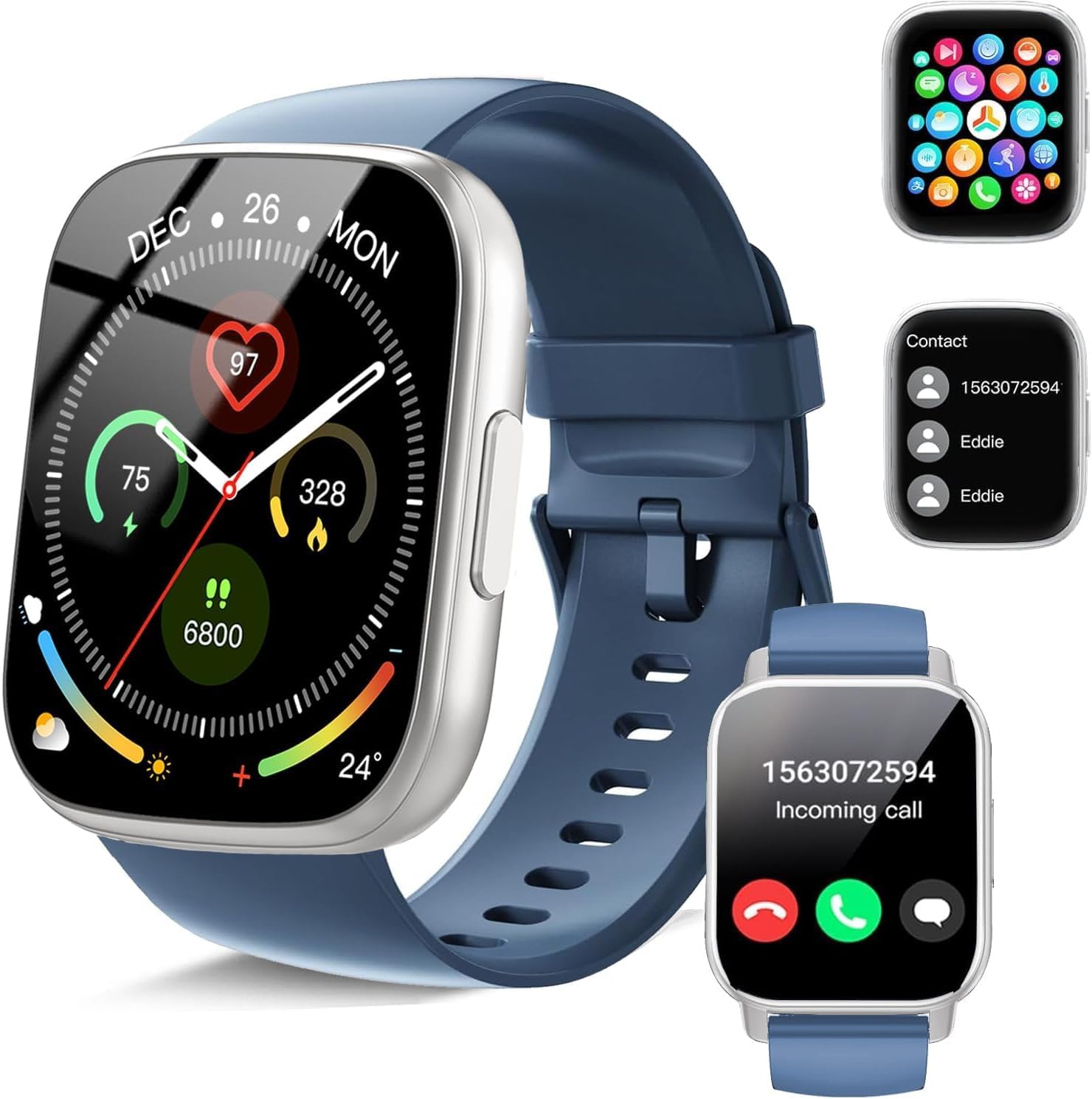Reloj Inteligente Hombre Mujer, 1.95" Smartwatch con Llamadas Bluetooth y Notificación, 110+ Modos Deportivos Pulsera, Pulsómetro/Podómetro/Monitor de Sueño, Impermeable IP68 para Android iOS, Azul