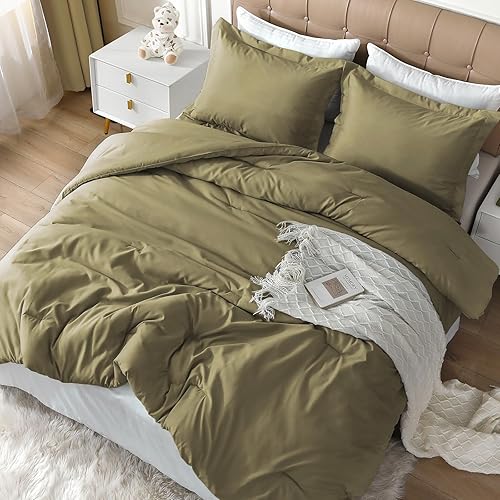 Miniatura 6 de Juego de edredón de tamaño matrimonial, juego de edredón verde oliva para cama de tamaño matrimonial, ropa de cama suave y cálida de 3 piezas para