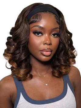 HANNE Curly Headband Wig 14 Inch Headband Wig Curly Synthetic Headband Wigs for Black Women Daily Use Mixed Brown