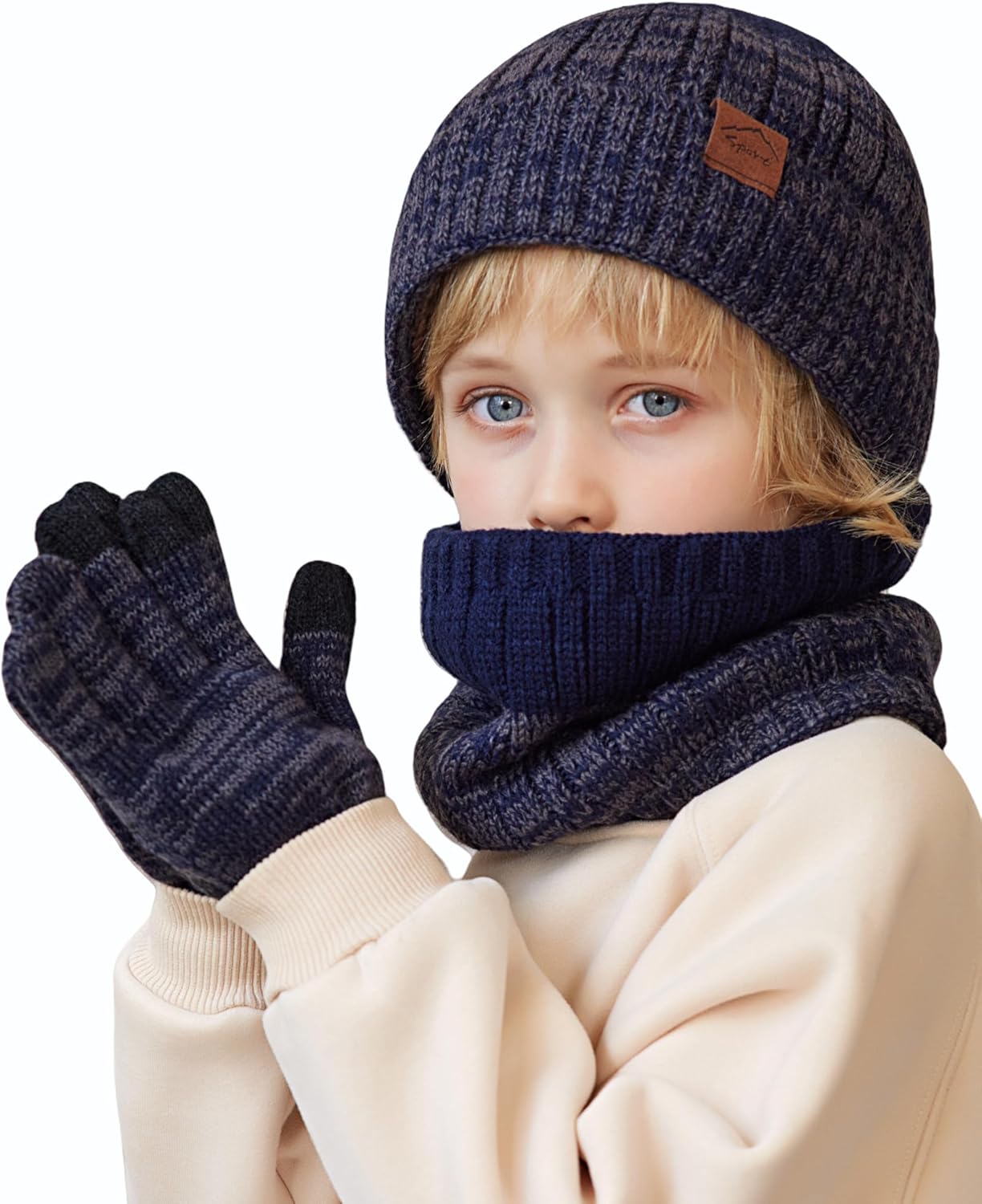 Kids Winter Hat Gloves Scarf Set,Mixed-color Beanie hat Knit Neck Fleece Lining Touchscreen Gloves for Girls Boys 4-10Y