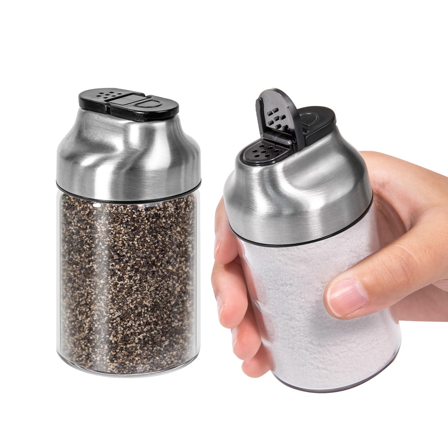 Glass Salt and Pepper Shakers Set, 120ml Salt Shaker with Adjustable Pour Holes, Set of 2 Salt Container, Salt Shaker Dispenser Modern Minimalist Style Kitchen Decor for Home Restaurant Cooking, BBQ