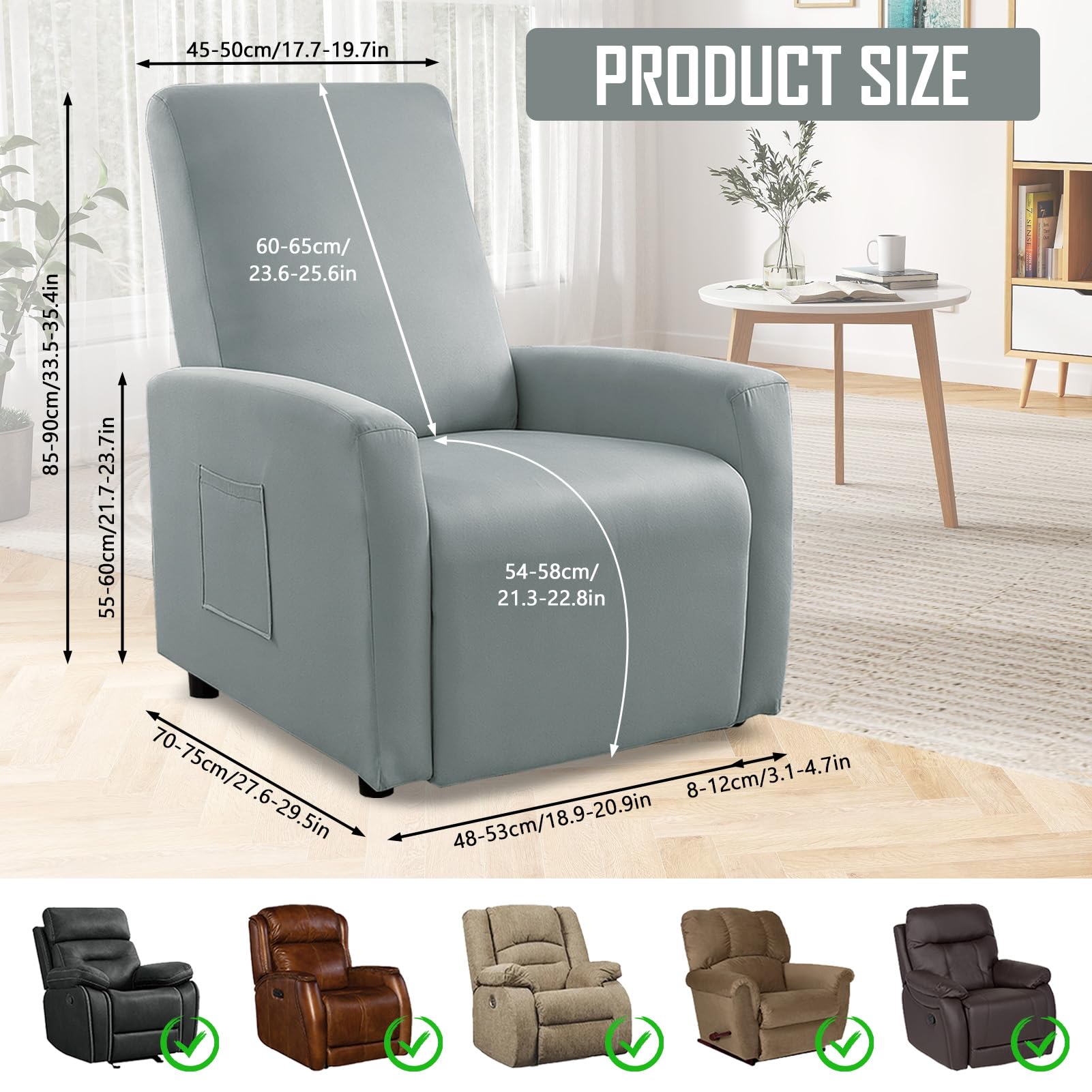 MeYuxg Copri Poltrona Relax Reclinabile a 1 Posto, Elasticizzato Copripoltrona Relax Reclinabile con Tasche, Impermeabile Copri Poltrona Totale, per Poltronas Relaxs e TV(Grigio Chiaro, 4 Pezzi)