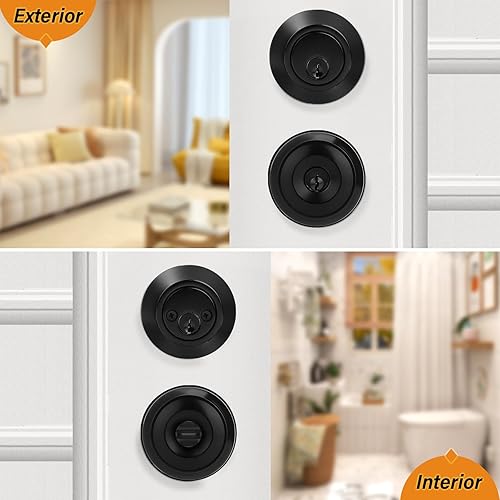 Miniatura 5 de Probrico Juego de cerradura de perilla de puerta de entrada y cerrojo de doble cilindro, negro plano (paquete de 3) con llave igual