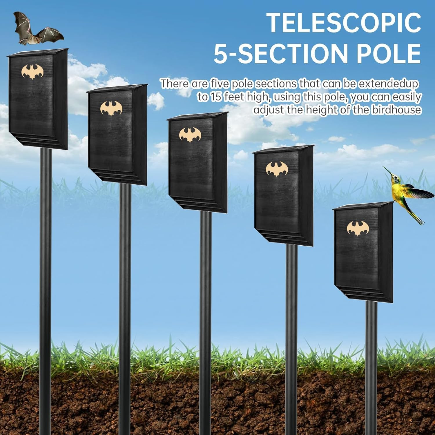 15 FT Telescoping Bird House Pole, Durable Bat Houses Kit with Ground Socket, Heavy Duty Outdoor Telescoping Bird Pole for Bat Houses, Purple Martin Houses and Other Wooden Structures
