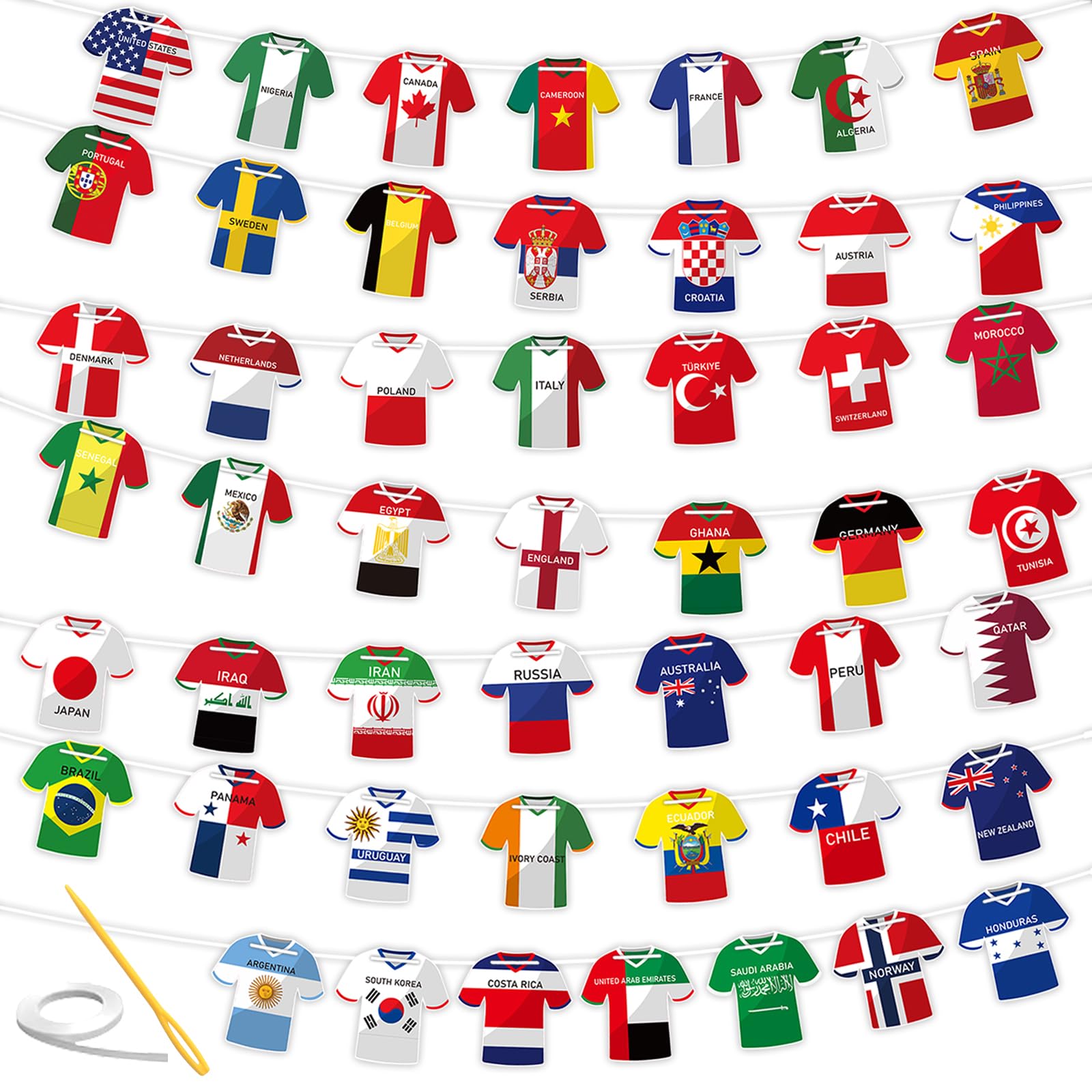 2026 World Soccer Jersey Flag Bunting Banner 49 Pcs - International Country String Flags Garland for Stadium Watch Parties, Sports Bar & Outdoor Celebrations, Fan Merchandise Decoration