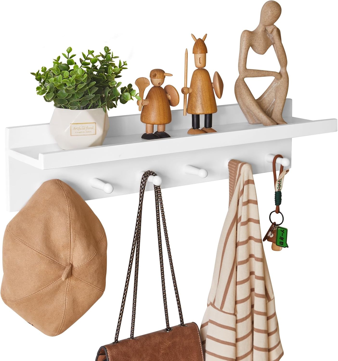 Wood Coat Hook with Wall-Mounted Shelf, 23.62in Entryway Wall Hanging Shelf, for Bathroom, Kitchen, Coat Towel Key Organizer White YD-WS0260W