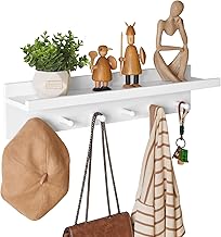 Aibiju 壁棚 ウォールシェルフ 木製 飾り棚 壁掛けフック 60x14x14cm コート掛け 帽子ハンガー スリム カバン掛け 鍵置き 玄関 リビング 寝室 ホワイト YD-WS0260W
