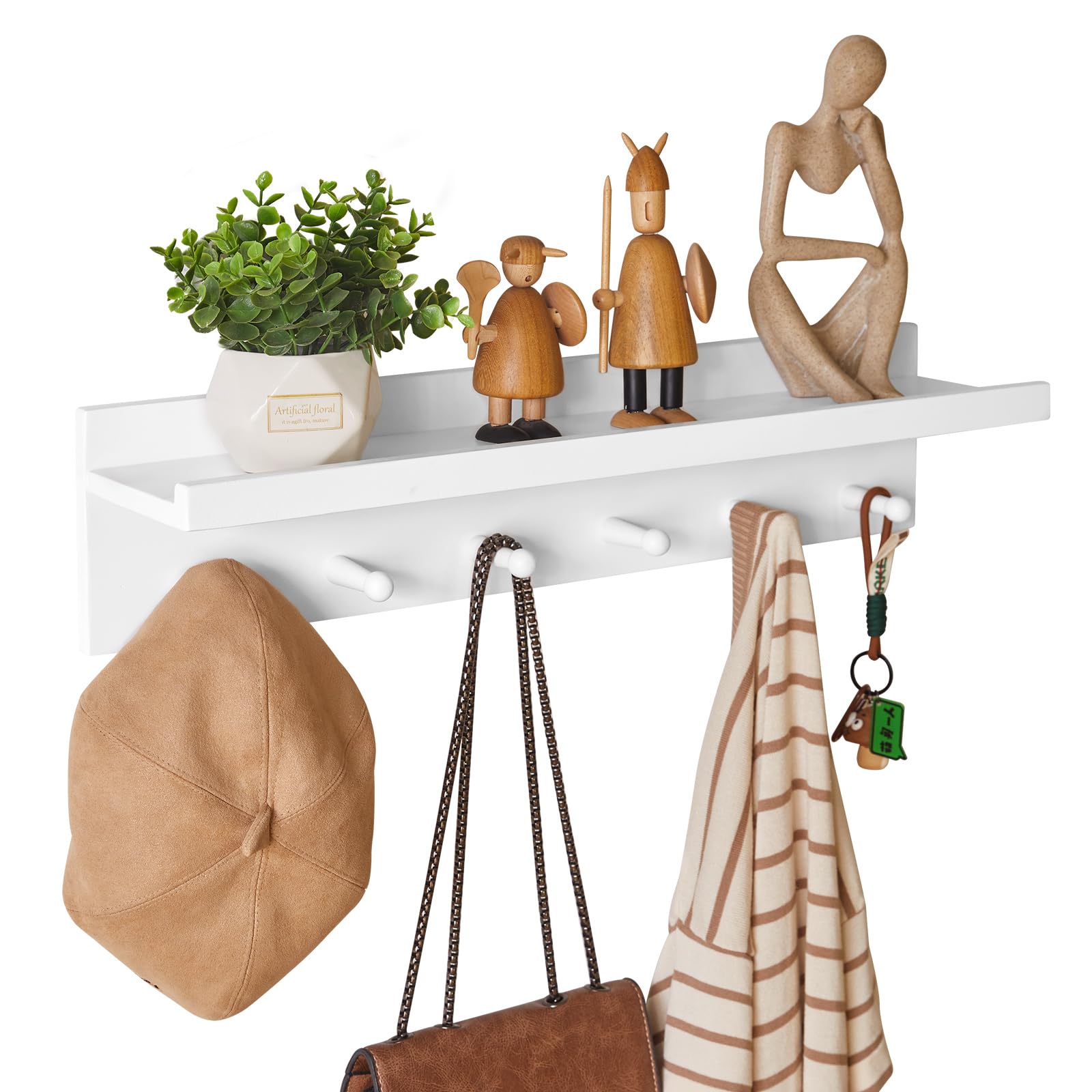 Aibiju Perchero de Madera con Estante Montado en la pared, Estante Colgante de pared de Entrada de 60 cm, para Baño, Cocina, Organizador de Llaves de Toalla Blanco YD-WS0260W