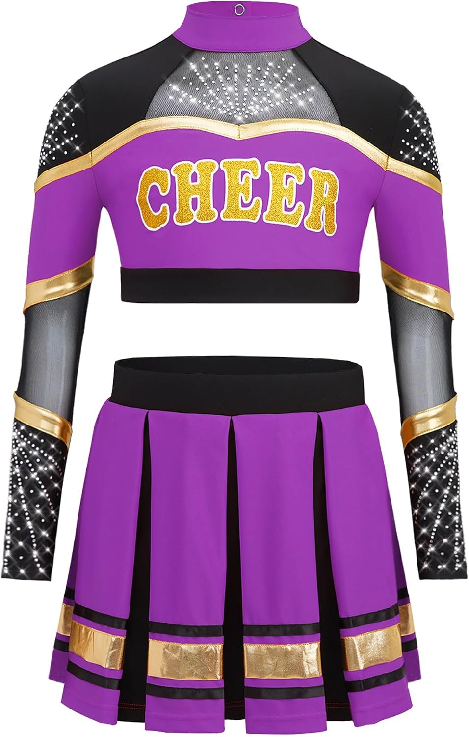Girls 2 Piece Cheerleading Uniforms Set Shiny Rhinestone Long Sleece Strappy Back Crop Top with Pleated Skirt Outfit