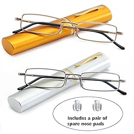OWTXIS 2 Pack Blue Light Blocking Reading Glasses - Slim Pocket Readers with Pen Clip Case Mini Lightweight Readers (Gold, Silver, +1.50)