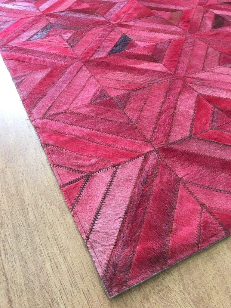 Leather Area Rug Patchwork Moroccan Style in Various Sizes from Cow Hide Dyed in Hot Pink | Luxury Carpet for Indoor use (4 x 6)
