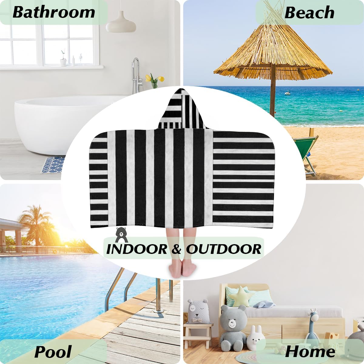 Pardick Kids Bath Towel Black Stripe Beach Towel with Hood Pool Cover Up for Girls Boys Soft Absorbent Hooded Bath Towel Toddler Towels for Beach, Pool