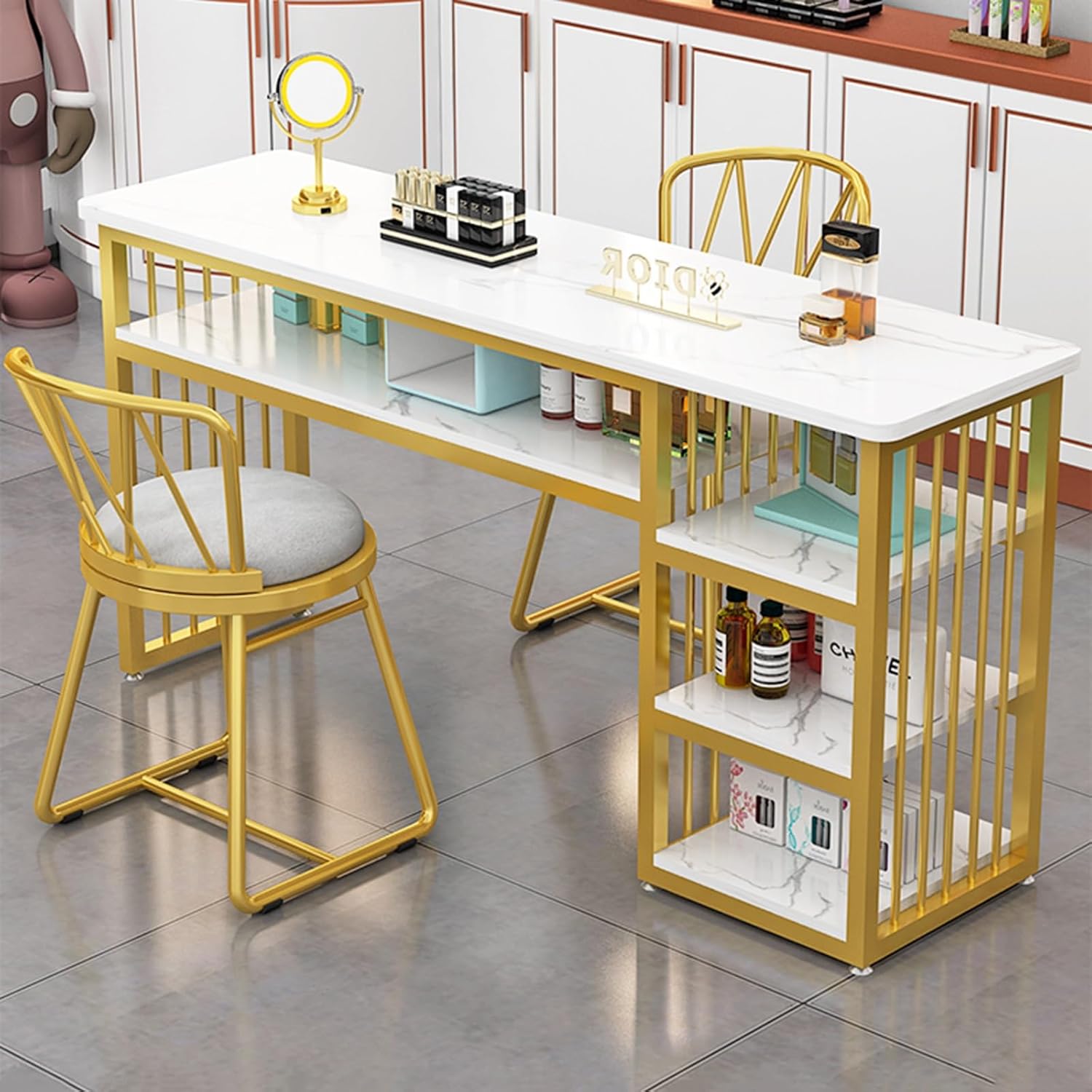 Nail Desk, Manicure Table Station, Marbling Texture Manicure with Multi Open Shelves, Spa Salon Workstation Easy Assembly(120x40x78cm)