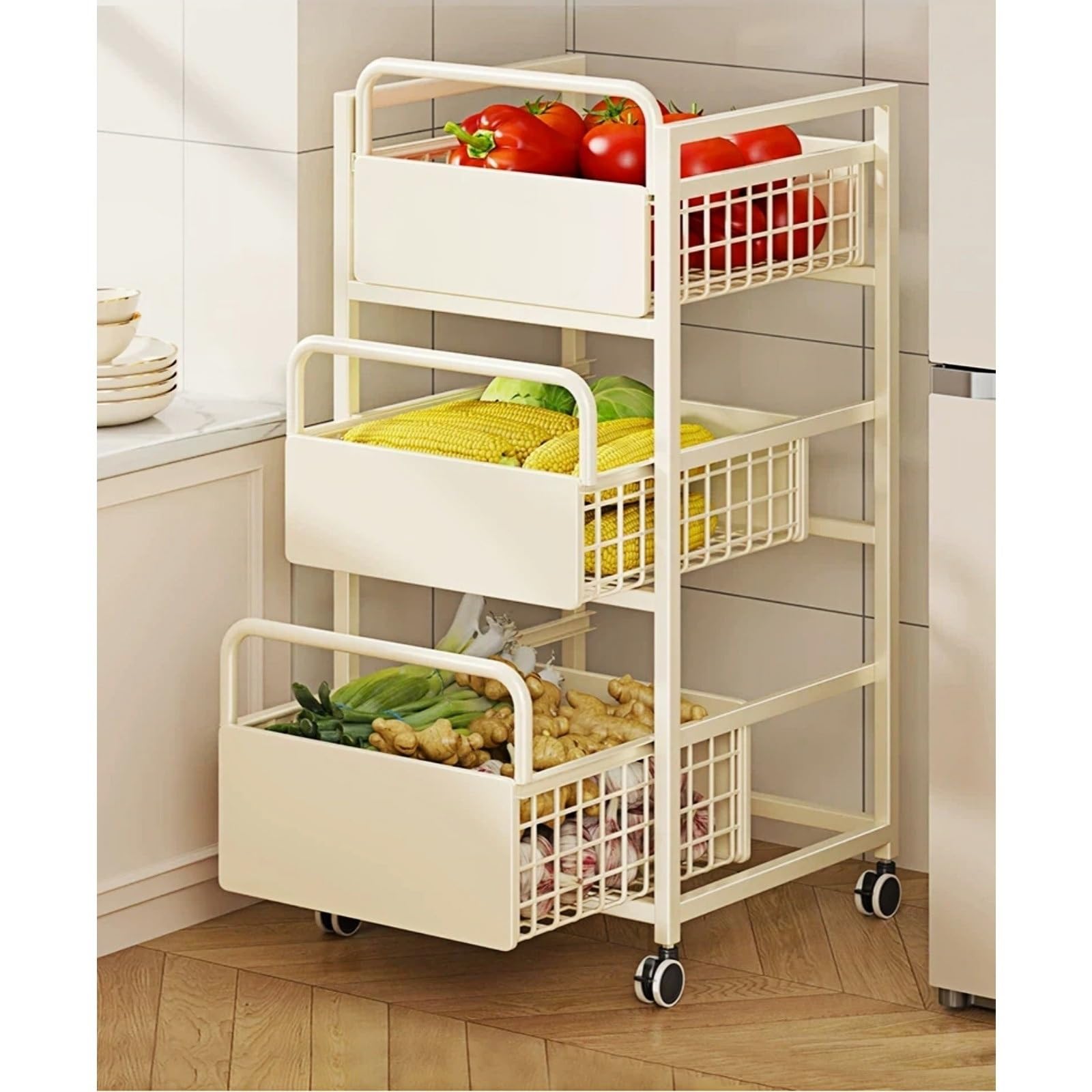 Magazzinaggio Carrello for verdure con rotelle a 3 livelli, organizer mobile for ripiani for frutta e verdura da cucina(Nero,Piccolo)
