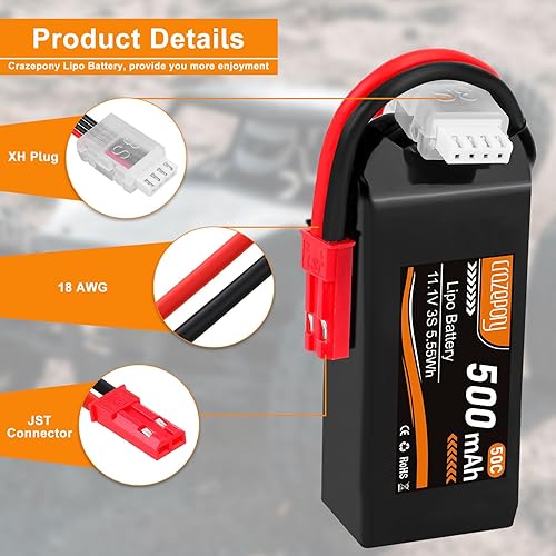 Miniatura 2 de Crazepony 3S Lipo Batería 500mAh 50C 11.1V Lipo Batería con conector JST recargable Lipos para RC Aviones Racing Drone Helicóptero Quadcopter Micro