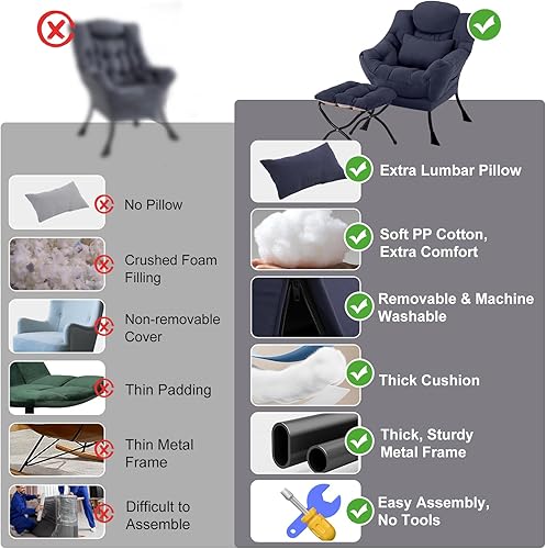 Miniatura 7 de Silla Lazy con otomana, silla decorativa moderna con almohada lumbar, sillas cómodas con reposapiés plegable para dormitorio, lectura, sillas de
