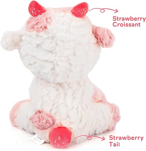 Miniatura 4 de MORCCO Peluche de vaca rosa, peluche de vaca esponjosa con cuernos en forma de fresa, lindos animales de peluche para niñas y niños pequeños,