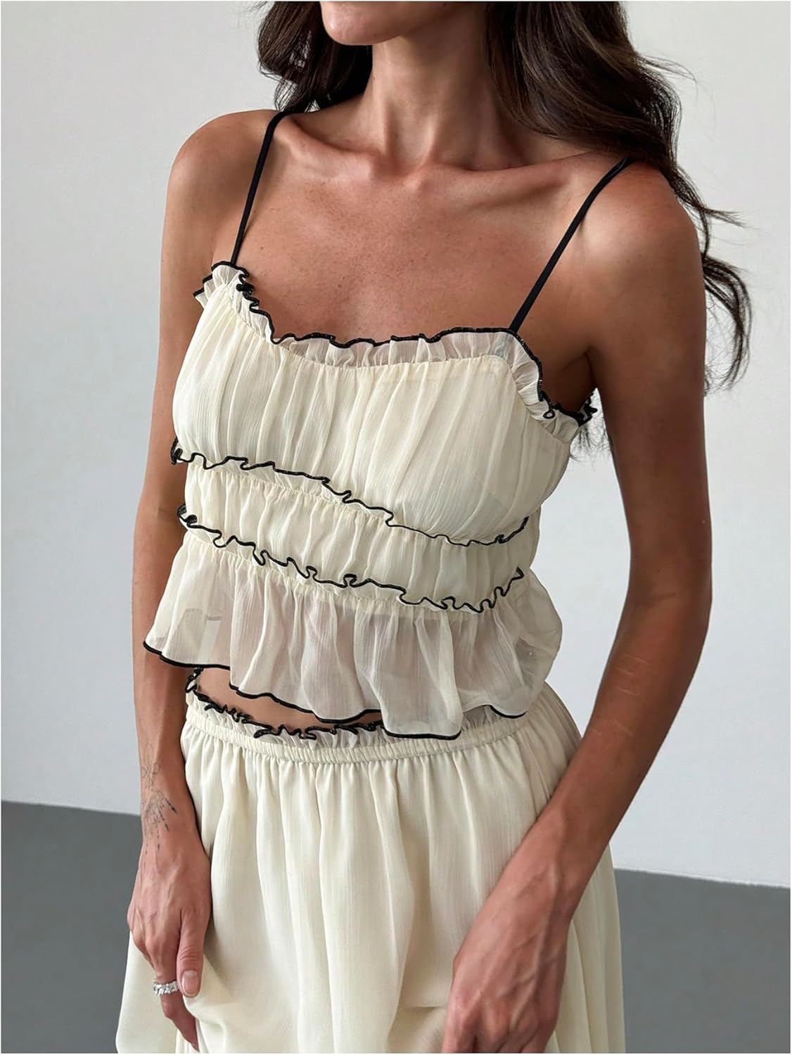 SOLY HUX Women's Skirt Sets 2 Piece Outfits Contrast Trim Ruffle Hem Cami Tops and Maxi Skirt Vacation Set - Image 5