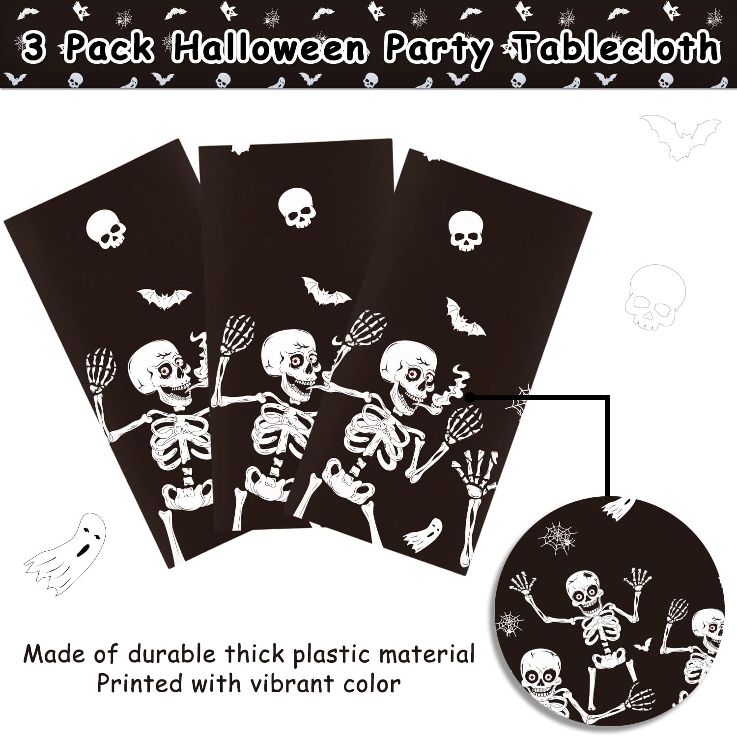 3 Pack Halloween Skeleton Tablecloth, Halloween Tablecloth Party Decorations, Plastic Skull Tablecover Backdrop Background Banner for Haunted House Party Decoration and Supplies, 54 x108Inch image 4