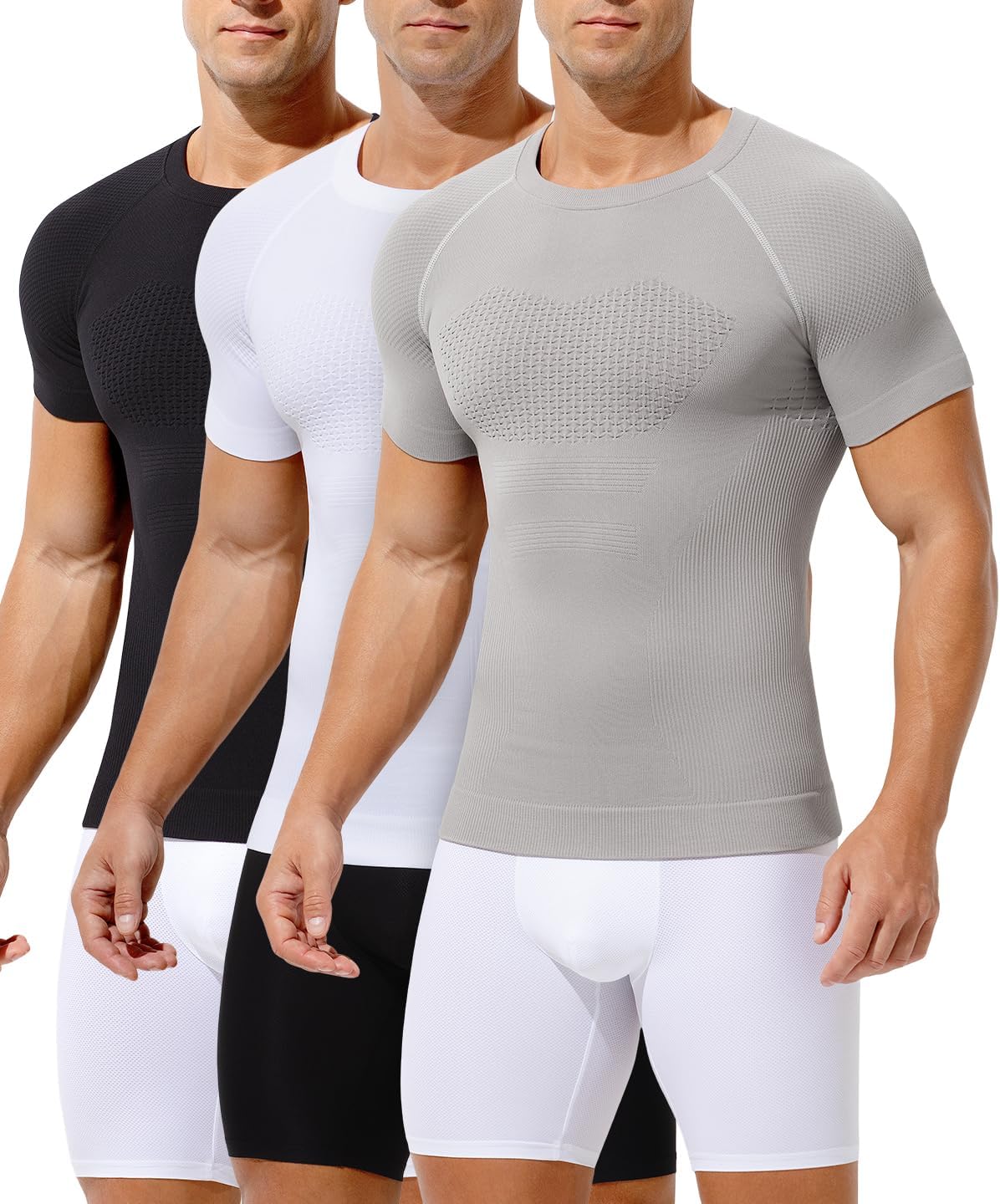 Casey Kevin Men's Slimming Compression Shirts 3 Pack, Short Sleeve Shapewear Undershirt for Men Body Shaper Tummy Control