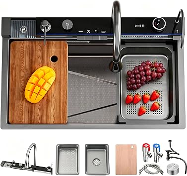 Waterfall Kitchen Sink 68 x 45 cm 1 Basin Stainless Steel Sink Black Multifunctional Bar Counter Sink with Integrated Tap Drain Basket Drain Basin Cup Washing Machine Drainage