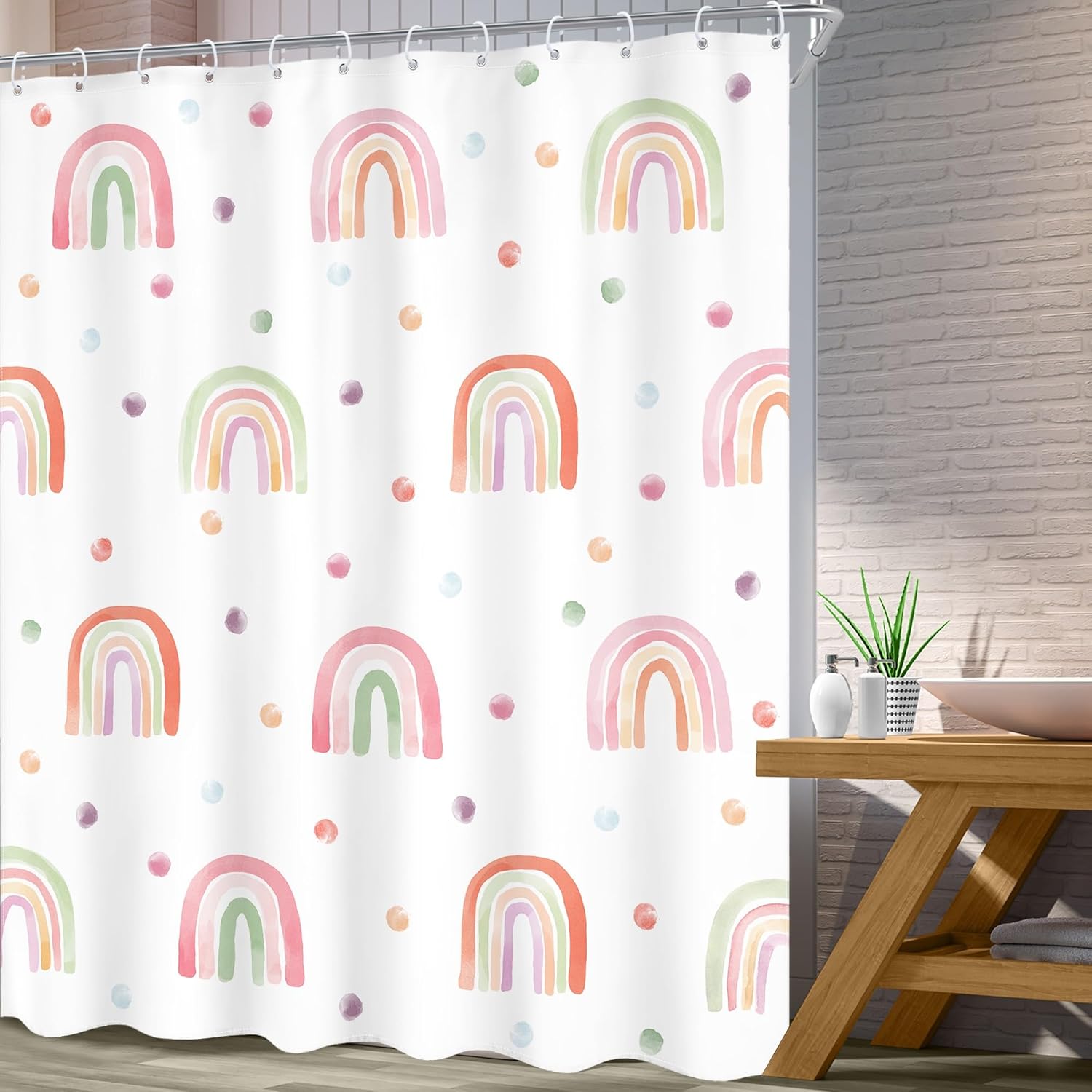 Boho Rainbow Shower Curtain 72Wx84L Inch Extra Long Kids Girls Cute Pink Polka Dot Bathroom Set Girls Children Pastel Bath Curtain Bathtub Accessories Home Decor