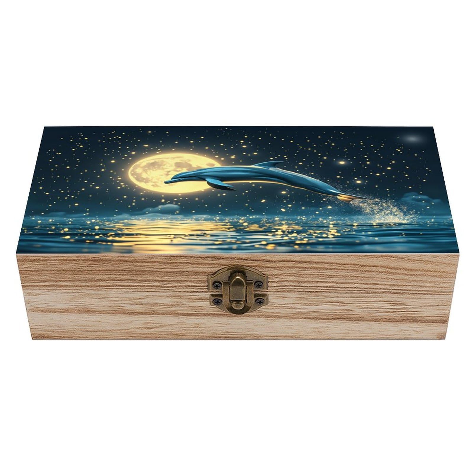 asbwuo Dolphin With Moon Vintage Wooden Keepsake Box