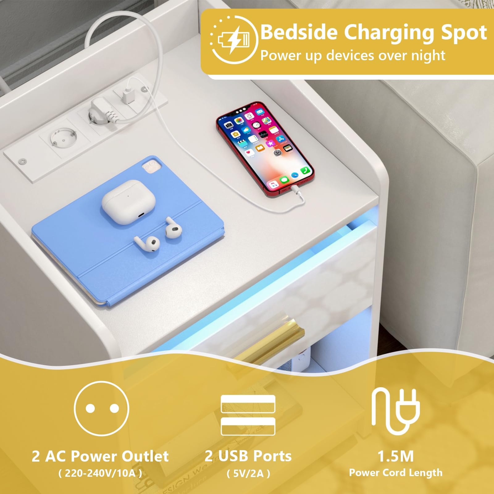 DHHOZAMZ Nachttisch 2er Set Schwarz - Mit LED Beleuchtung & USB Steckdosen