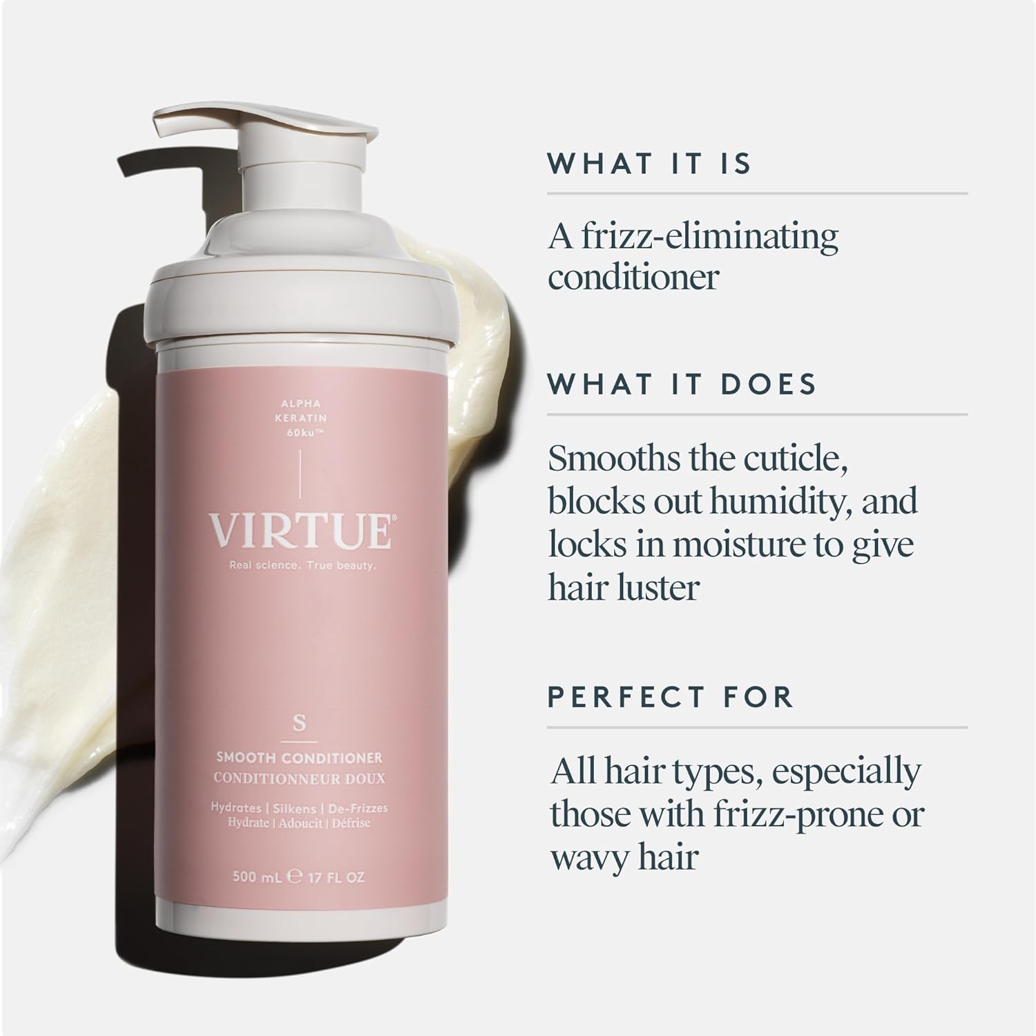 Virtue Smooth Conditioner for Frizz Control for Curly Hair, Sulfate Free, Safe for All Hair Types, Color Safe