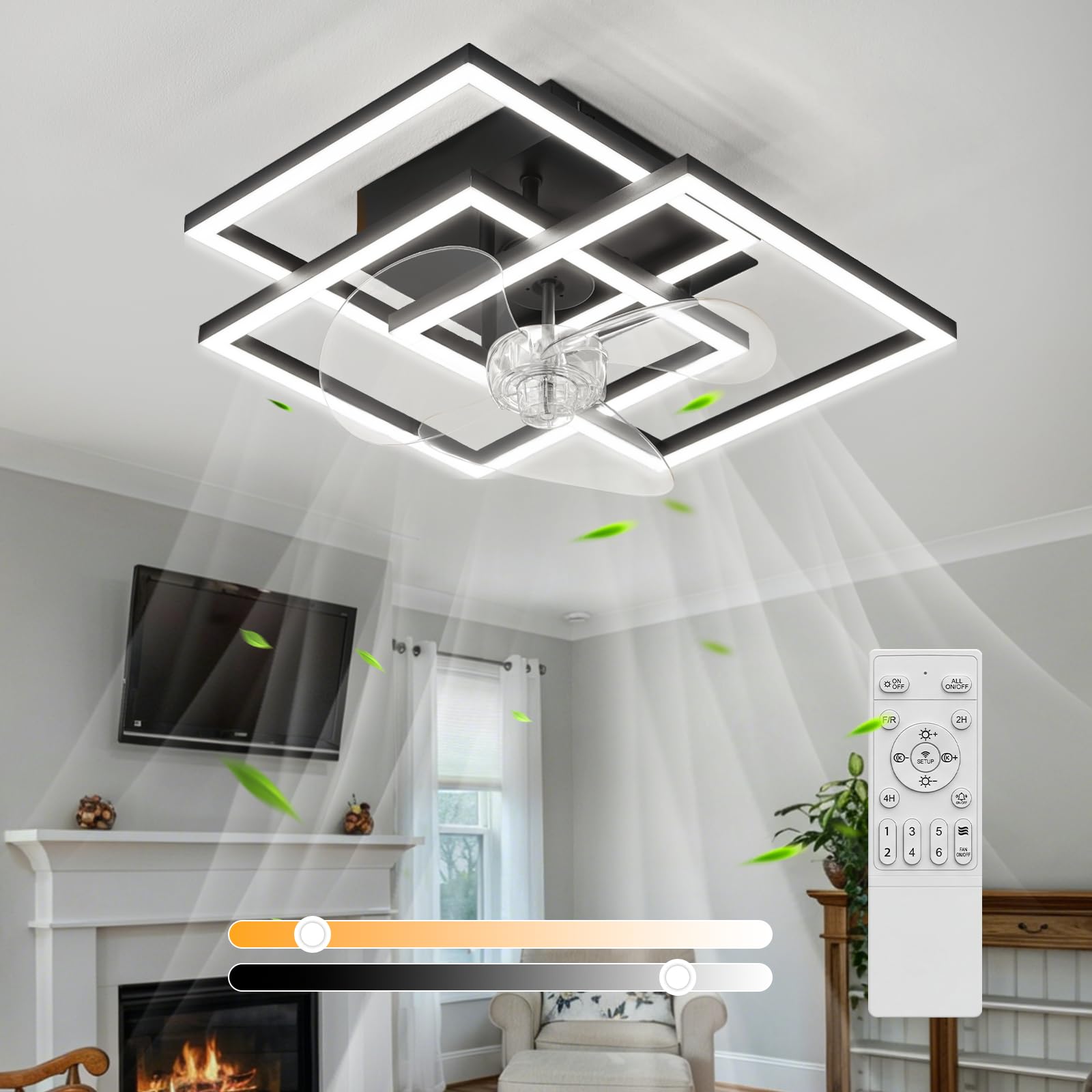 Homefire Ventilatore da soffitto con illuminazione silenzioso dimmerabile | Lampada da soffitto LED con ventilatore e telecomando 3000K-6500K 6 velocità moderno nero e timer per soggiorno e cucina