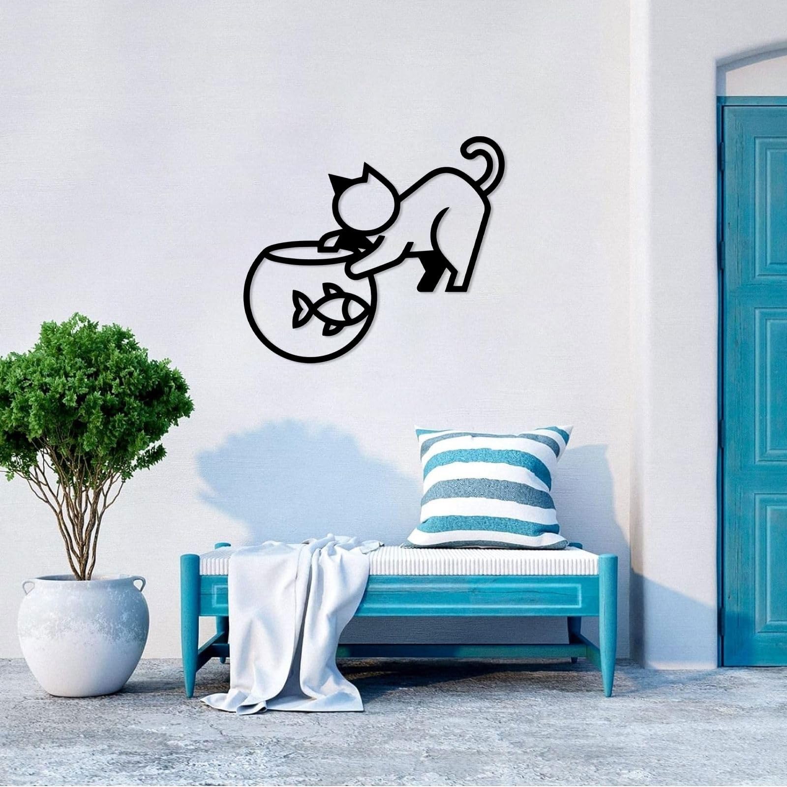 Dekoracja ścienna do salonu, minimalistyczne akcesorium wewnętrzne (61 cm) | Miska wędkarska dla kota metalowa sztuka ścienna metalowe znaki dekoracja ścienna metalowa dekoracja na zewnątrz