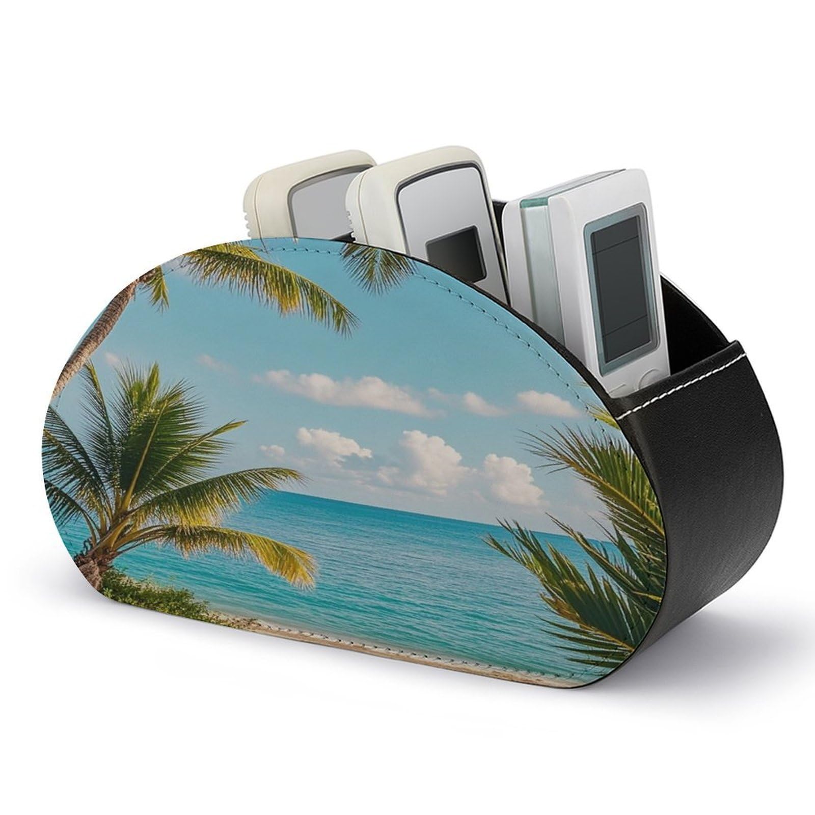 FekiLoot - Tropical Palm Tree Remote Control Holder PU Leather with 5 Compartments Storage Tray and Computer Organizer for TV, Glasses Remote Control