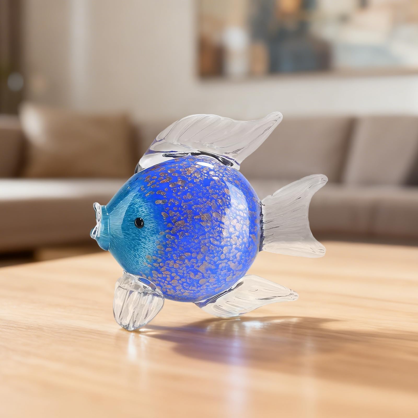 Figuras de peces de cristal azul, decoración del océano para el hogar, acento costero moderno, esculturas de vidrio de estilo nórdico, decoración artística de animales de cristal, 8.3 x 3.3 x 6.7 in