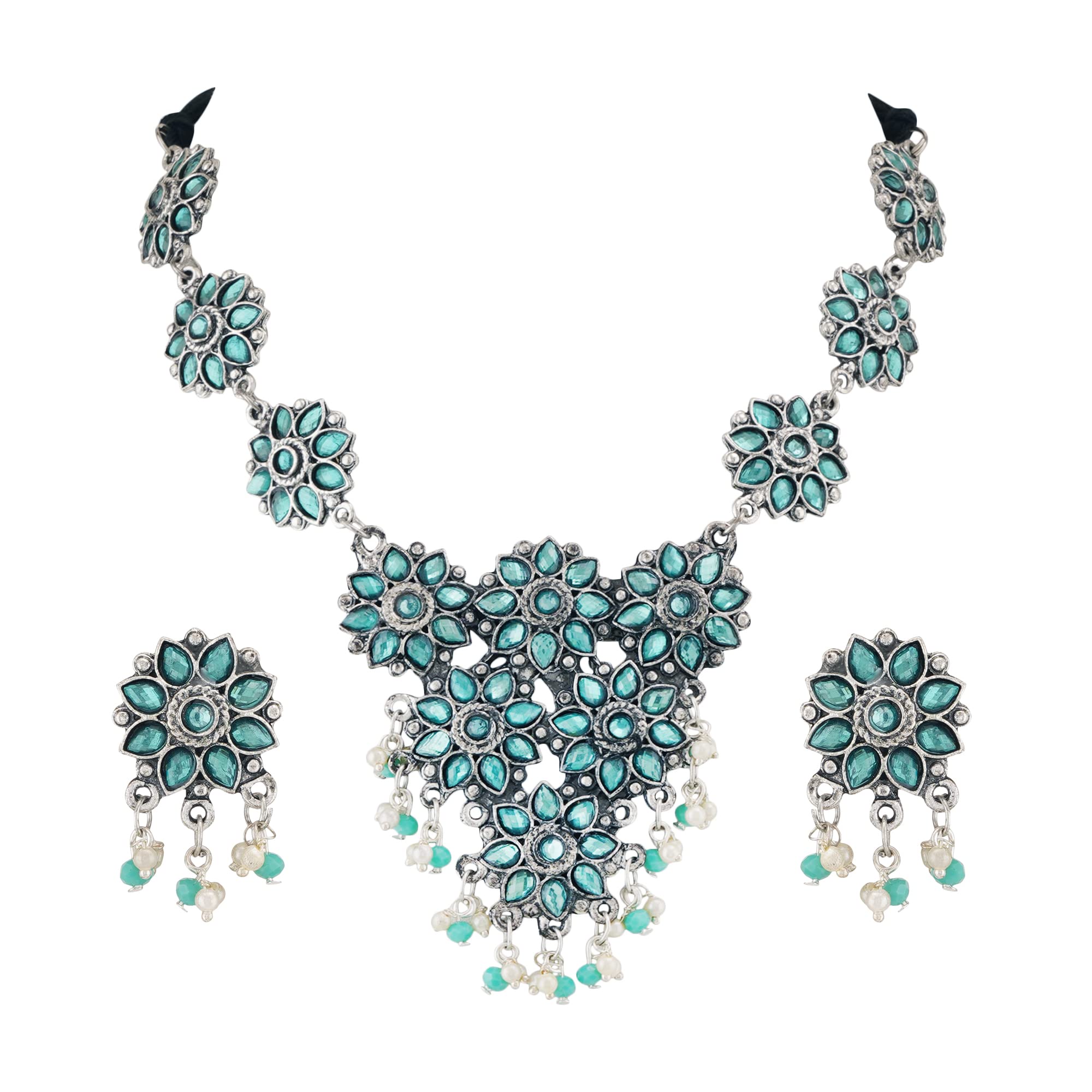 Shreyadzines Oxidised German Silver Traditional Stone Necklace Combo with Earrings Jewellery Set for Women (Turquoise) (B0BS6F5QMW) Amazon Price History, Amazon Price Tracker