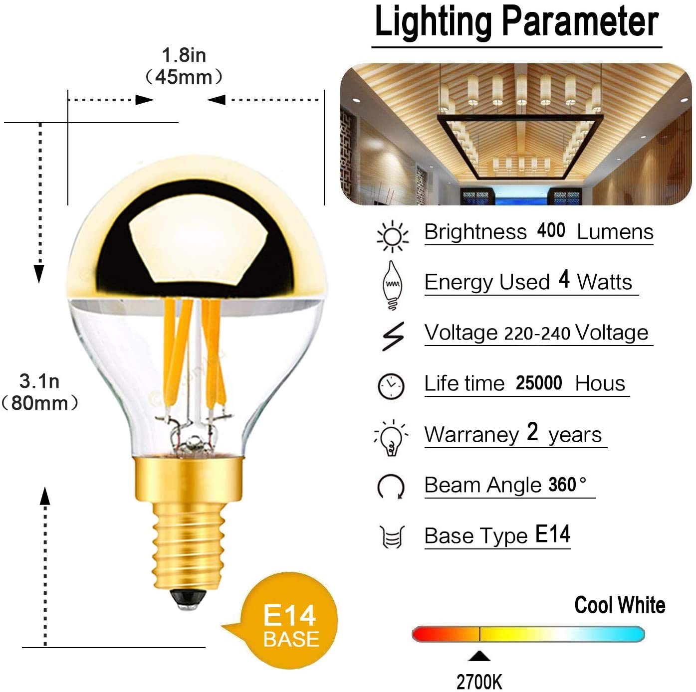 Funey G45 żarówka do lustra z głową srebrna żarówka LED gwint E14 żarówka Edisona zastępuje 35 W, 4 W, 320 lumenów, 2700 K ciepła biel, filament LED lampa nitkowa, z funkcją ściemniania, 220 V, złota (8 szt.)