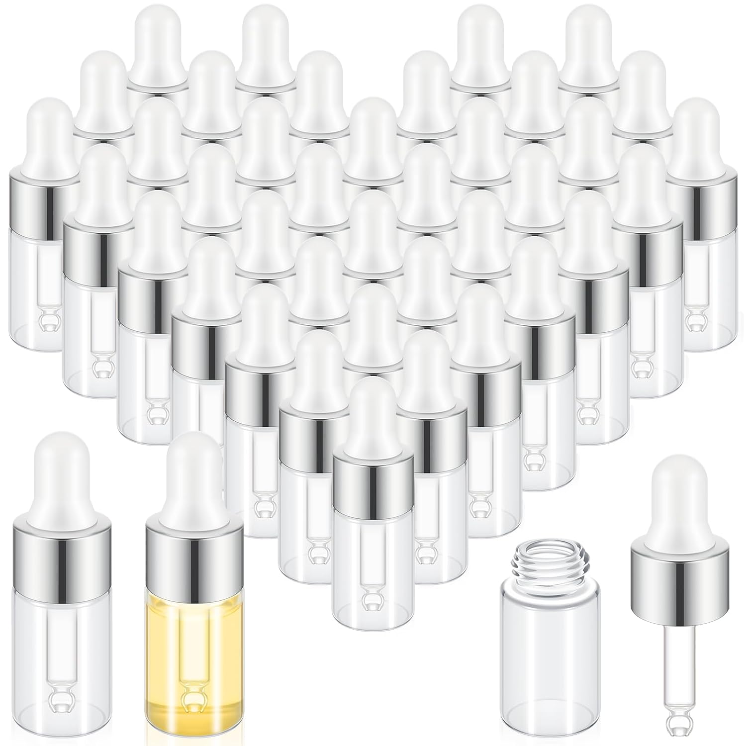 Didaey 100 Pcs Mini Glass Oil Dropper Bottle Bulk, 3 ml Sliver Clear Essential Small Empty Bottles Sample Containers Perfume Liquid Vials with Cap for Traveling