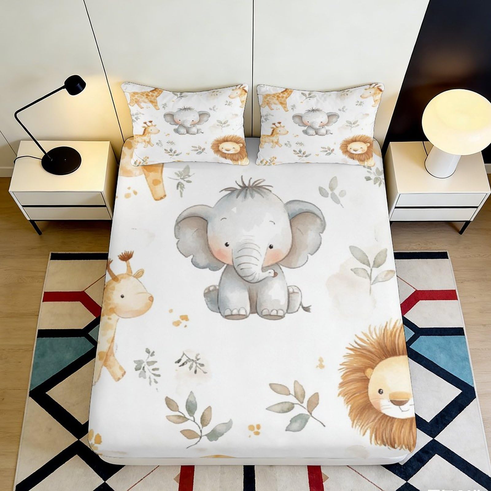 3D Printed Cute Elephant and Lion Fitted Sheet Microfiber Soft Breathable Giraffe and Leaf Bed Cover for Bedroom Dormitory Guest Room Mattress Protection 120x200x25cm